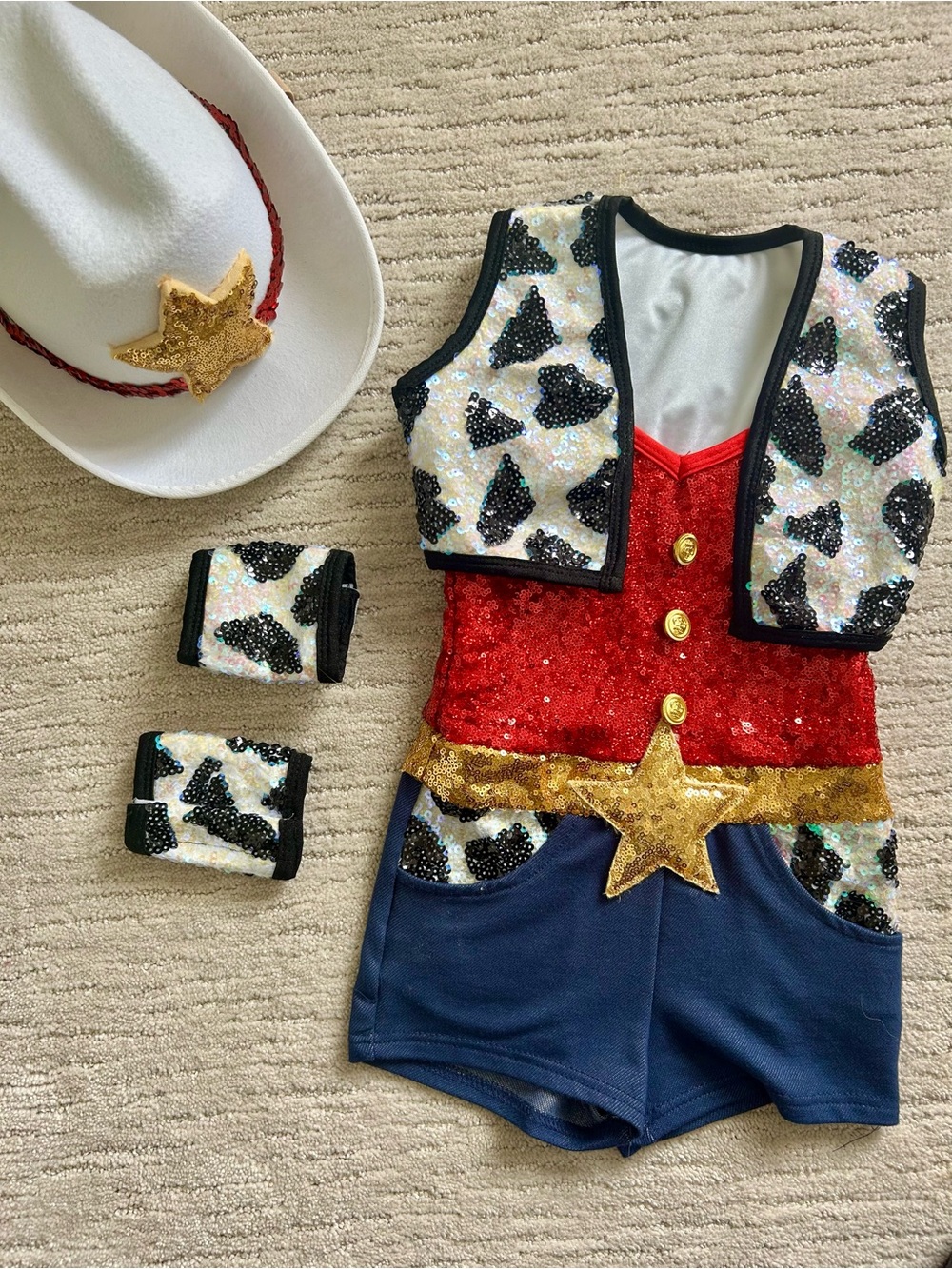 Glamour Red Sequin Western Star Costume with Gold and Navy Accents